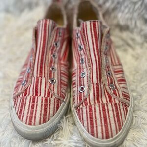 Red and White Striped Slip-On Sneakers